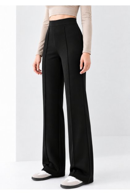 Women's Black Modal Wide Leg Striped High Waist Soft Textured Lycra Trousers with Elastic Waist