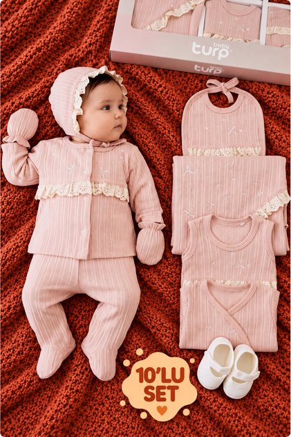 Baby Girl Powder 10-Piece Hospital Discharge Set with Corded Lace Detail and Special Box