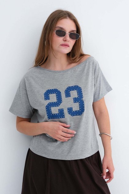 Kayık Yaka Baskılı T-shirt P10756