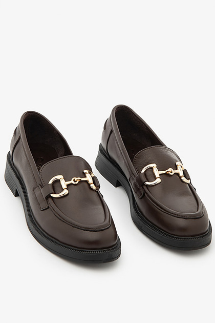 Brown Genuine Leather Women's Loafer Shoes with Chain Buckle