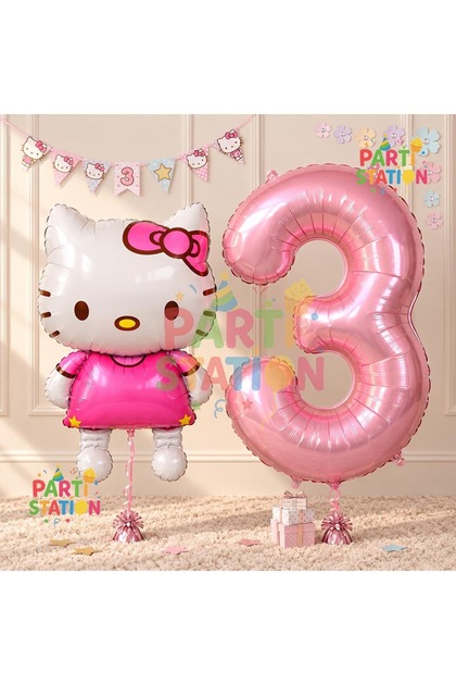 Hello Kitty 3 Yaş Balon ve Pembe Rakam Balon Doğum Günü Parti Set Hello Kitty Kedi Balon