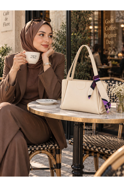 Fular Detaylı Geniş Omuz Çantası - Krem