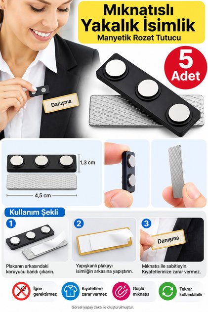 5 Adet Mıknatıslı Yakalık İsimlik – Manyetik Rozet ve Yaka Kartı Tutucu
