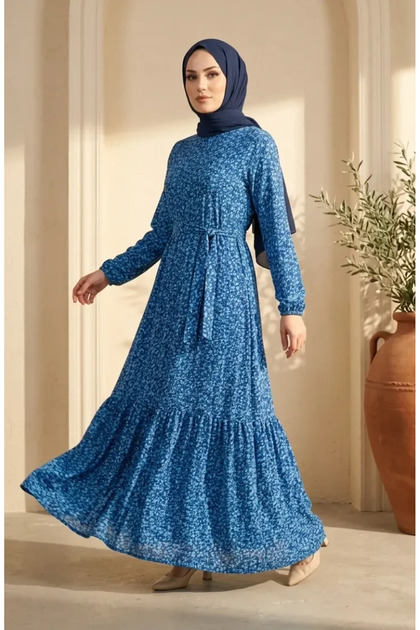 Bürümcük Fabric Floral Patterned Belted Hijab Dress 0580-05 Cobalt Blue Mint Green