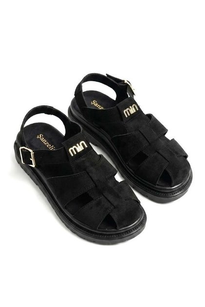 Black Suede Textured Orthopedic Sole Closed Toe Sandals with Buckle Detail, Suitable for Daily Use