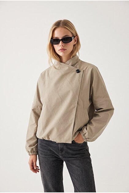 Mink Cotton Asymmetrical Collar Oversized Trench Coat with Pockets and Elastic Bottom, Comfortable Fit