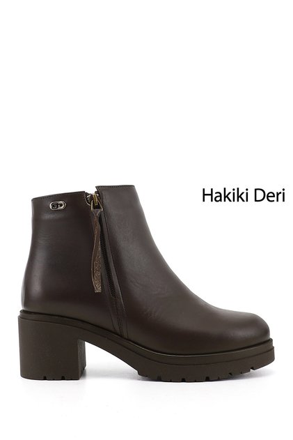 Women's Brown Antique Zippered Thick Heeled Genuine Leather Boots