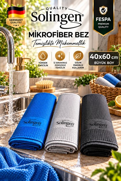 Solingen 3'lü Mikrofiber Temizlik Bezi, Cam, Araba, Mutfak | Süper Emici, İz Bırakmayan, Çok Amaçlı Premium Temizlik Bezi Karışık Renk Seçeneği