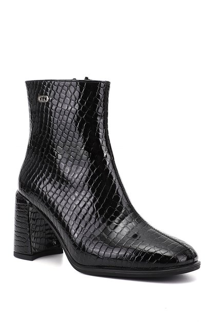Women's Black Crocodile Zippered Blunt Toe Thick Heeled Boots