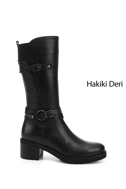 Women's Black Zippered Thick Heeled Genuine Leather Boots