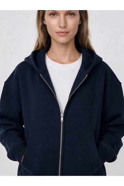 Basic Kadın Oversize Fit Kapüşonlu ve Fermuarlı Üst