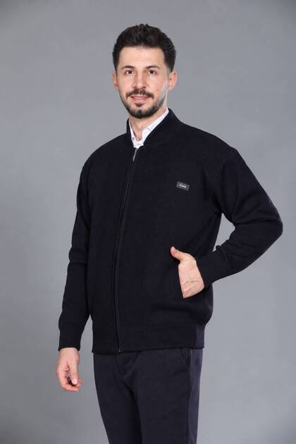 Navy Blue Men's Dad and Middle-Aged Knitwear Steel Knit Lined Acrylic Zipper Pocket Oversized Dad Cardigan