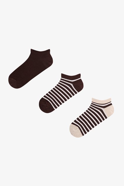 Coffee Shiny Striped Cotton Glitter 3 Pairs Booties Socks