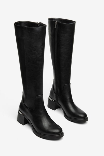 Women's Black Leather Metal Detailed Thick Block Heeled Below-The-Knee Boots - Comfortable and Stylish Trend