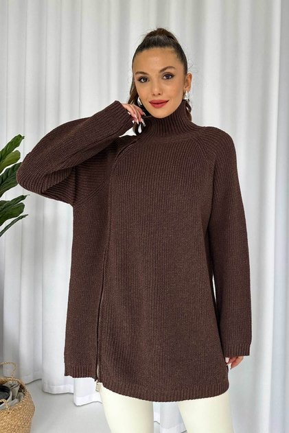 Zipper Detail Tunic Knitwear - Brown