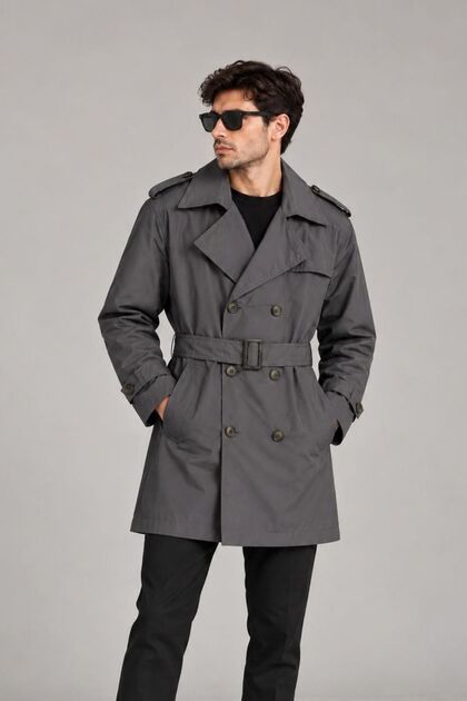 Gri Erkek Trençkot-Astarlı Premium Kalite, Gabardin Dokulu