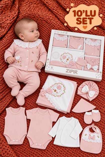 Baby Girl 10-Piece Ribbed Teddy Bear Embroidered Hospital Discharge Set with Special Box