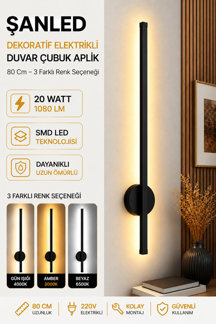 Decorative 20W Indoor Black Case 3 Color Light Electric 80 cm Wall Sconce 1 Piece