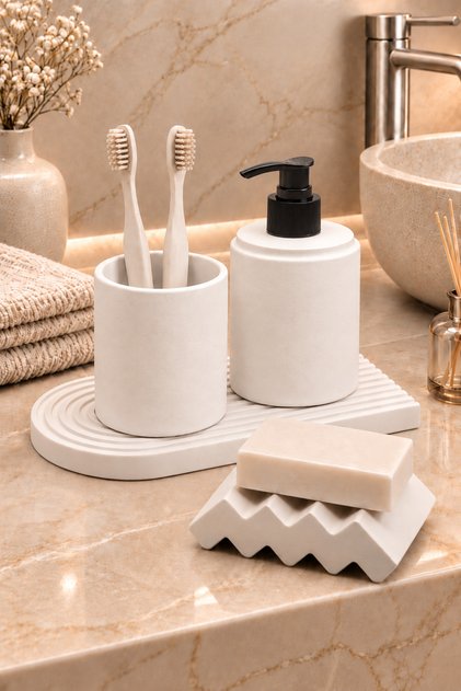 4 Parça Mermer Desenli Beton Banyo Seti Katı Ve Sıvı Sabunluk Diş Fırçalık Sunum Tepsisi