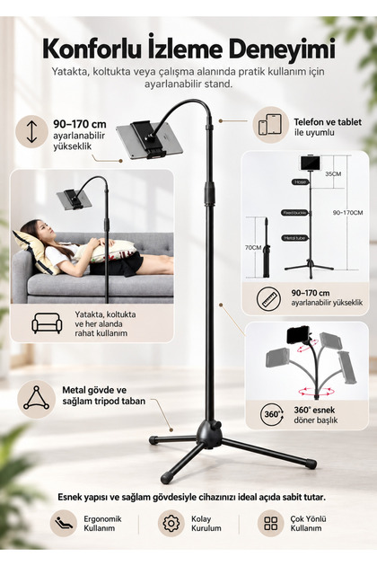 170 Cm Flexible Ipad Tablet Ve Telefon Tututucu Stand Esnek Tripod Ayak 360 Dönder Başlıklı
