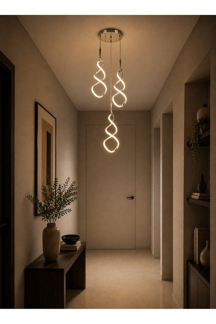 ثريا معلقة كروم بتصميم حلزوني ثلاثي فني 6001-3-CH - إضاءة LED 60 واط 3 درجات ضوء