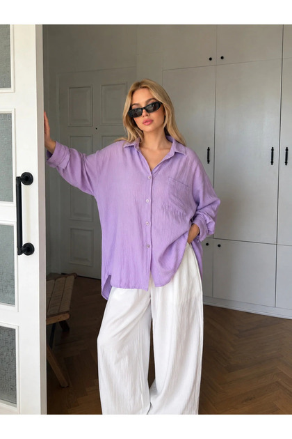 Kadın Geniş Kalıp Müslin Kumaş Oversize Gömlek
