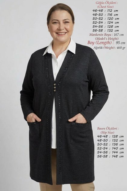 Women's Plus Size Seasonal Ecrin Fabric Long Mother Cardigan (95 cm) Wide Comfortable Fit - Black with Stone-Adhesive Brit Buttons