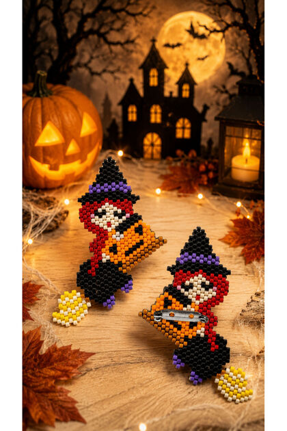 Miyuki Boncuk El Yapımı Sevimli Cadı Halloween Cadılar Bayramı Broş - Yaka Iğnesi