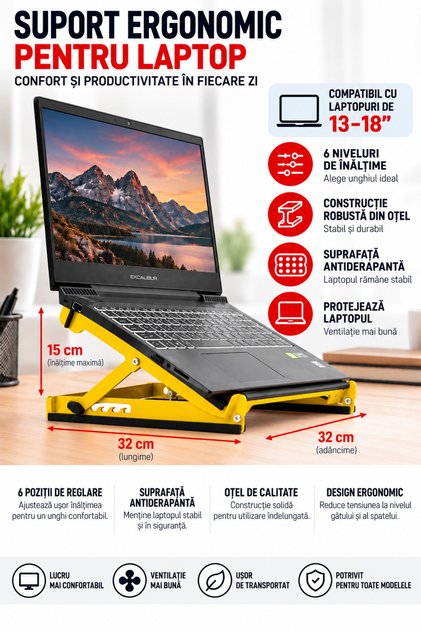 Suport Laptop Ergonomic Reglabil din Oțel, 6 Niveluri, 13–18 Inch, Antiderapant, Galben