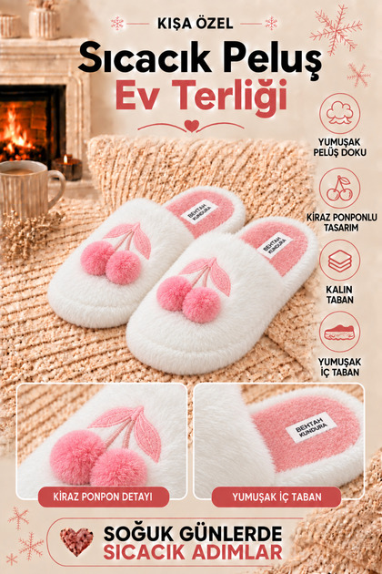 Fluffy Cherry Figured Slippers Women's Home Slippers Furry Slippers Dowry Bundle
