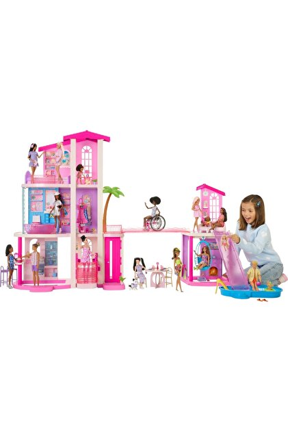Barbi'nin Rüya Evi + Arabası + 4 adet 27 cm. Sonsuz Hareket Bebek + 4 adet 5cm Chelsea Bebek