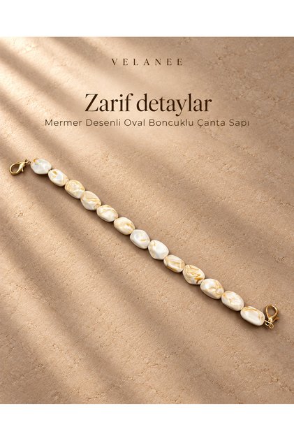 Fildişi Gold Mermer Desenli Uzun Oval Akrilik Boncuk Çanta Sapı 42 cm