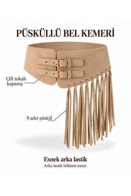Lüks Süet Makara Toka Püsküllü Bel Kemeri