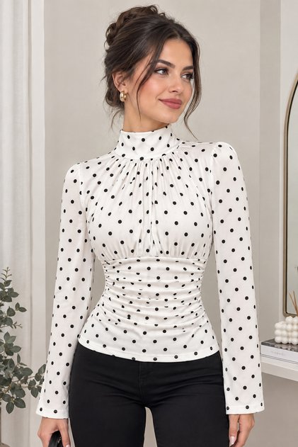 White Polka Dot Long-Sleeved Halter Neck Shirred Crop Blouse