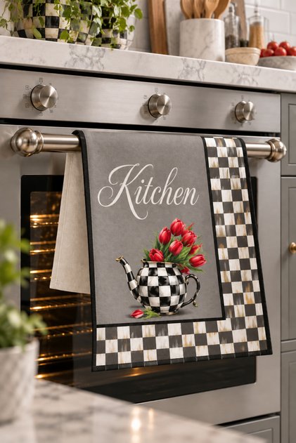 Kitchen Lale & Dama Patterned Oven Cover – 35X50 Cm, Digital Printed Suede Fabric