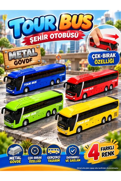 Metal Gövdeli Çek-Bırak Şehir Otobüsü Tour Bus 15cm - 1 Adet Oyuncak Otobüs