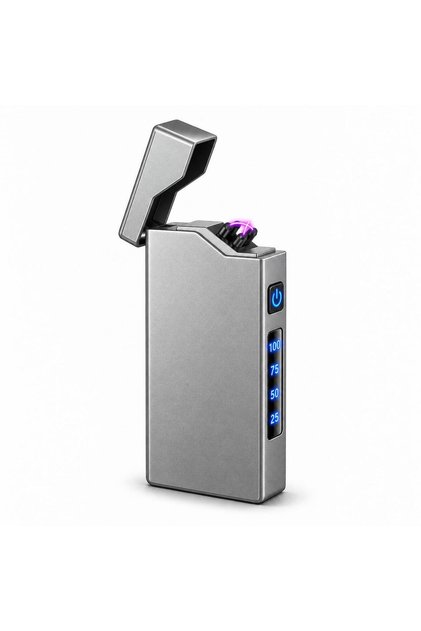 X9 USB Şarjlı Elektronik Ark Çakmak Pil Göstergeli Alevsiz Rüzgara Dayanıklı Gümüş