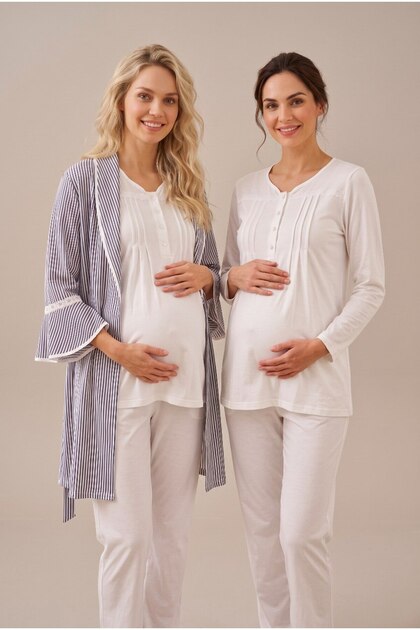 Women's Navy Blue Striped Lace Detailed Maternity Pajama Set with Nursing Detail and Robe