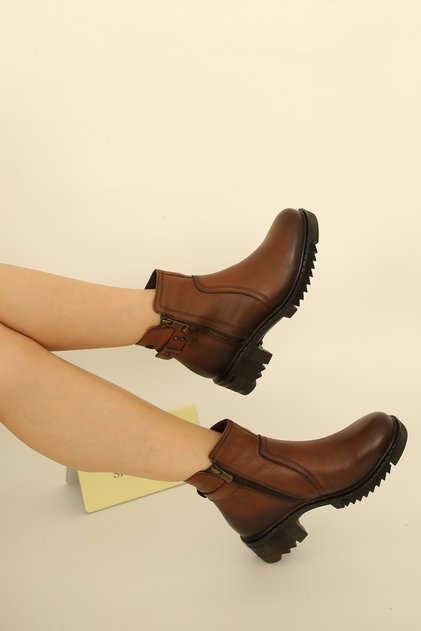 3077 EREN SHOES&BAG Hakiki Deri Antik Günlük Rahat Fermuar Detaylı Tırtıklı Kaymaz Taban Kadın Bot Geri Antik Şırıngıl Taba