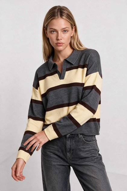 Polo Collar Striped Knitwear Sweater Lnt0047 Anthracite Yellow