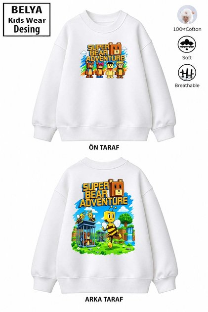Trend Çocuk Erkek Model Tam Kalıp Oversize Ön Arka Baskılı Süper Ayı Tasarım 2 İplik Pamuğa Pamuk Ku