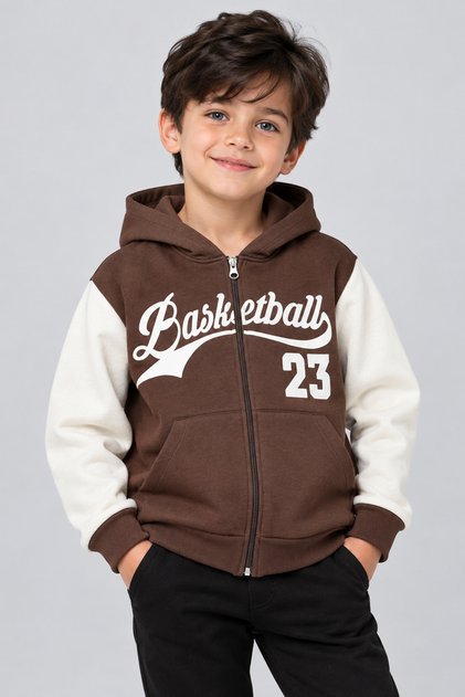 Erkek Çocuk Kapüşonlu Fermuarlı Sweatshirt Basketbol Baskılı İçi Şardonlu Cepli Hırka 7-10 Yaş Okul Günlük Hırka