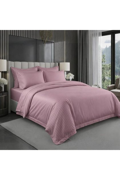 6 pcs Striped Duvet Cover Set Queen Size 210x230 Bedding Set – 1 Fitted Sheet, 1 Quilt Cover, 4 Pillowcases, Pink
