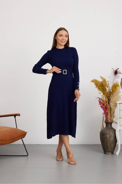 Women's Knitwear Ribbed Belted Crew Neck Long Sleeve Dress