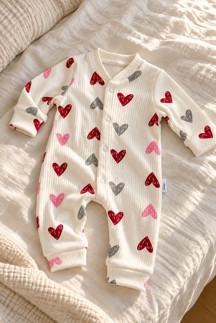 Baby Colorful Heart Patterned Ribbed Long Sleeve Snap Romper