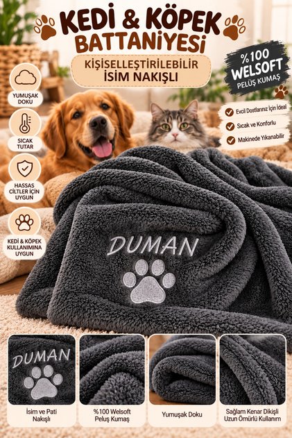 Antrasit Gri nakisli kedi battaniyesi