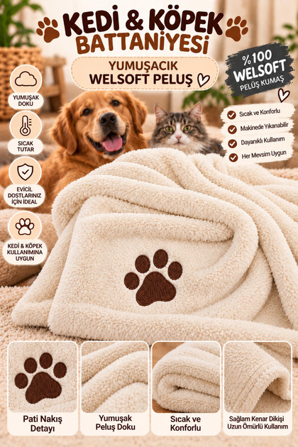 kedi ve köpek battaniyesi Pati nakış detayli Welsoft peluş