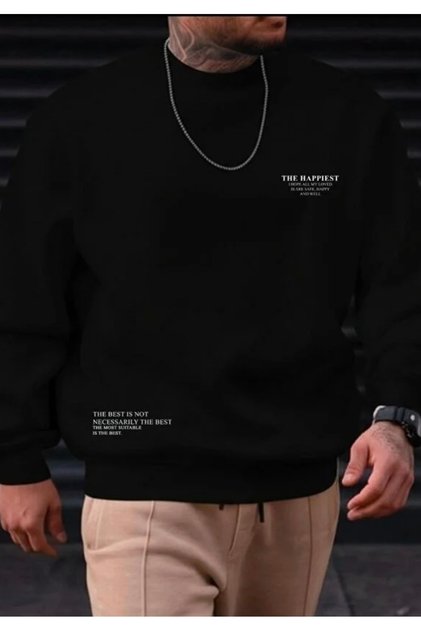 The Happiest Printed 3-Yarn 100% Cotton New Series Large Size Men's Round Neck Sweatshirt
