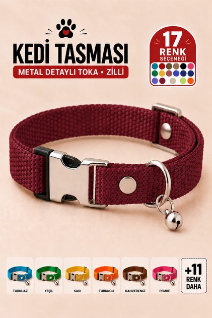 Kedi Tasması Ayarlanabilir Sesli Çıngıraklı Boyun Tasması Bordo