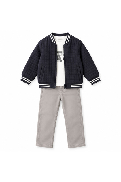 Boy's 3-Piece Set Quilted Bomber Jacket Printed T-Shirt and Trousers Stylish Casual Combination for Ages 6-7-8-9